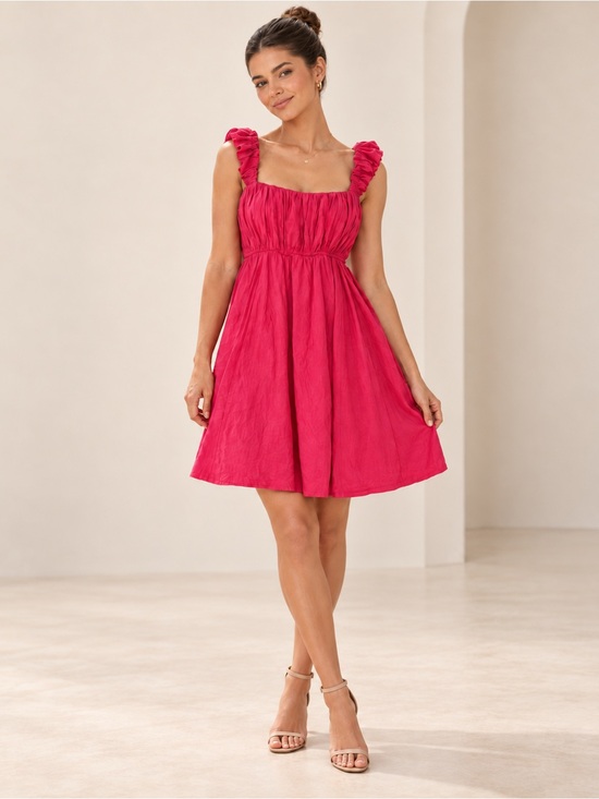 Abercrombie & Fitch Dresses & Skirts - Abercrombie & Fitch | Pink Linen Blend Mini Dress Ruched Ruffle Pockets - Size L
